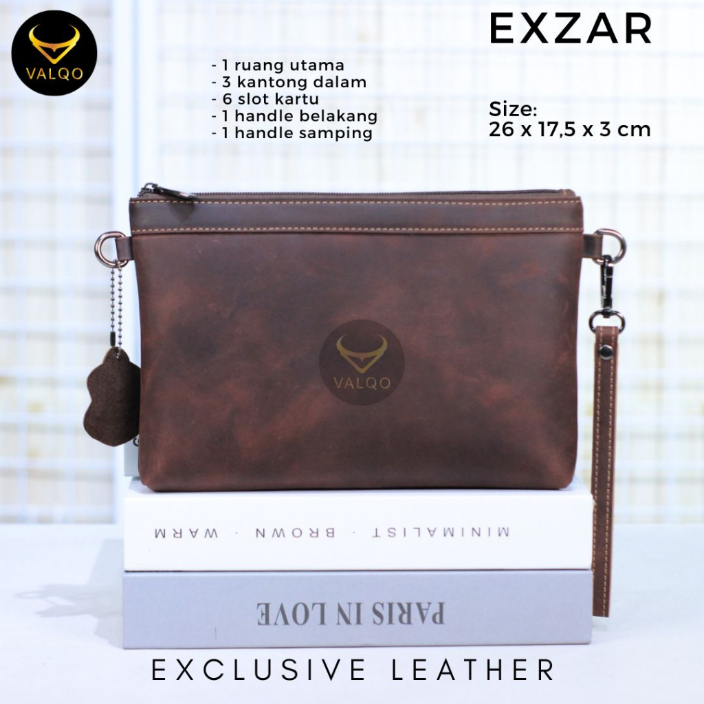 [VALQO] EXZAR Clutch kulit Sapi Pouch Kulit Handbag Wanita Pria 6 Slot Kartu Tas Tangan