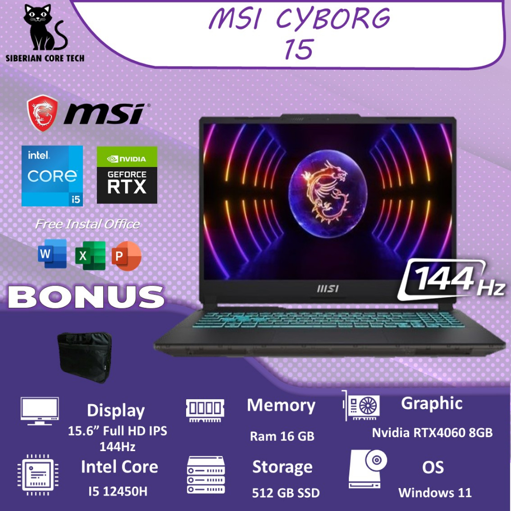 MSI CYBORG 15 RTX4060 8GB/ RTX4050 6GB I5 12450H 16GB 512SSD W11 15.6FHD 144HZ BLIT 2YR BLK -A12VF.073