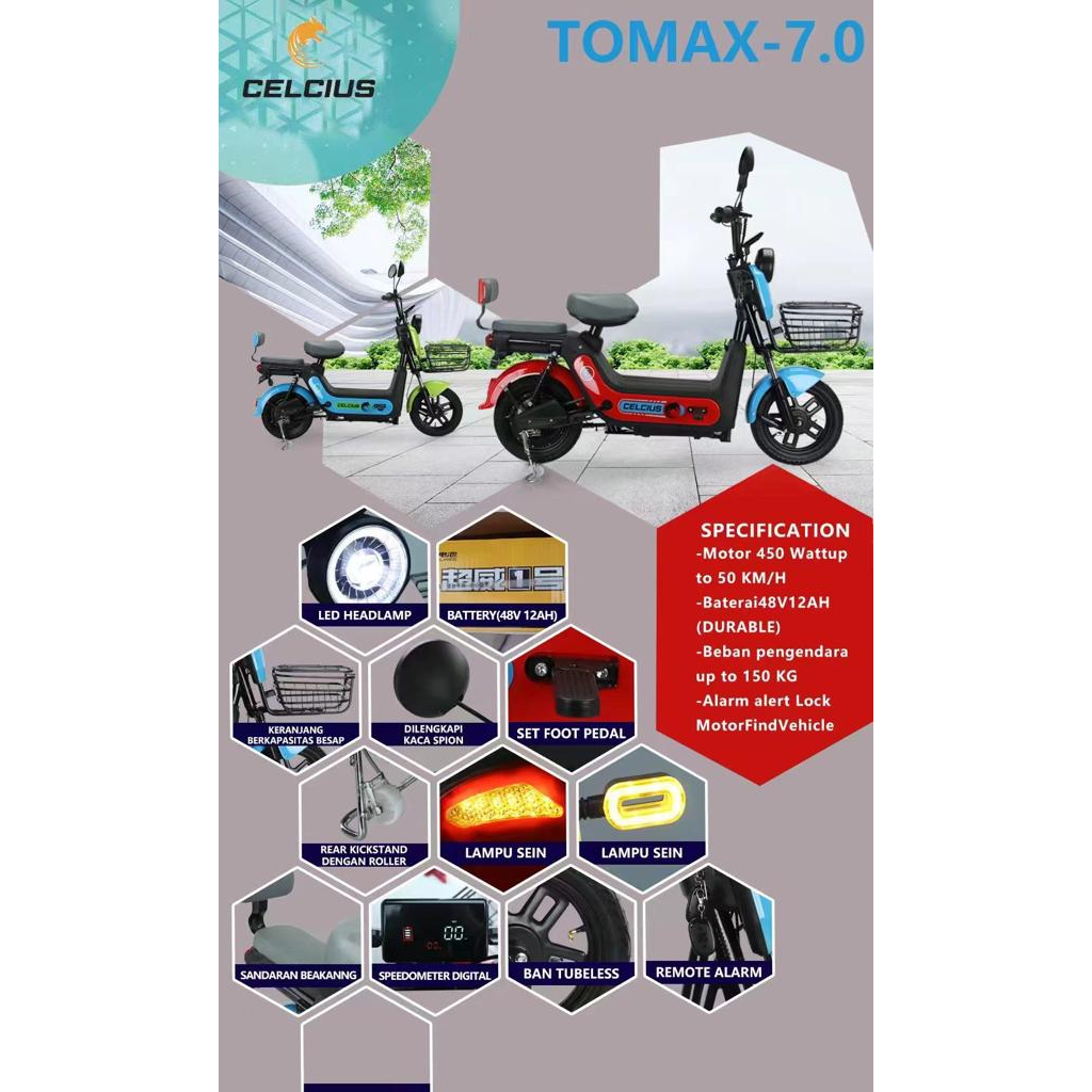Sepeda Listrik CELCIUS TOMAX 7.0. Promo cuci gudang produk terbaru dari CELCIUS