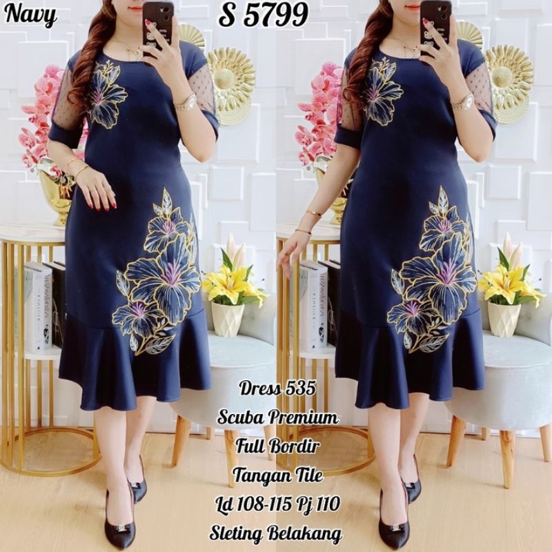 STYLE 5799. Dress Scuba Bordir Bunga Kombi Tile Premium