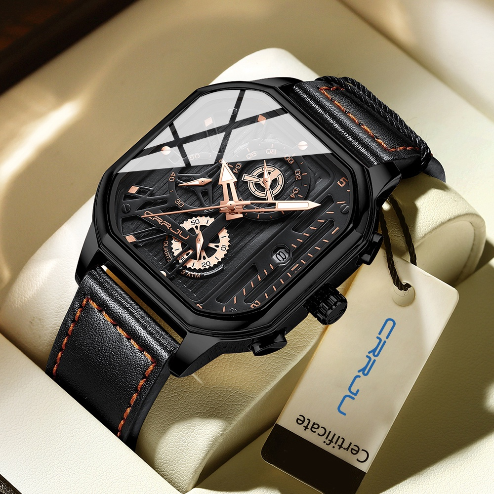 Tangan Pria CRRJU Tali Kulit Dial Kotak Chronograph Quartz Anti Air Sporty