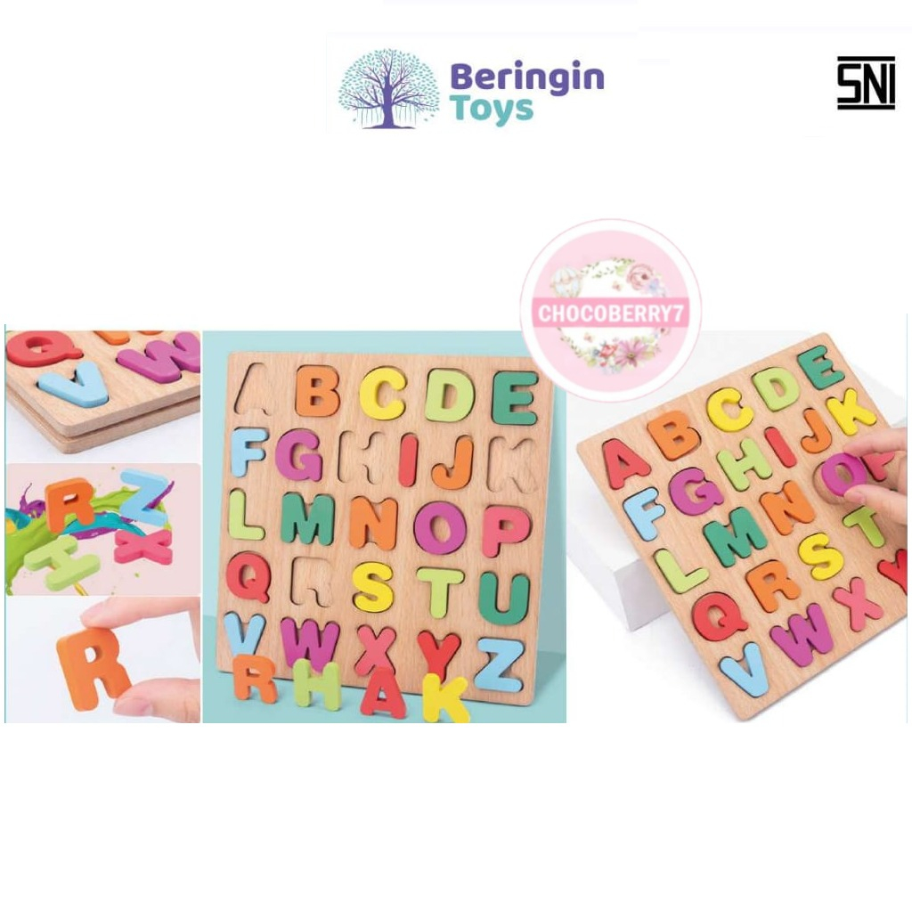 Beringin Toys Mainan Edukasi Puzzle Kayu Huruf Besar dan Angka 20x20cm - MKQ Number &amp; Alphabet Wooden Puzzle Anak