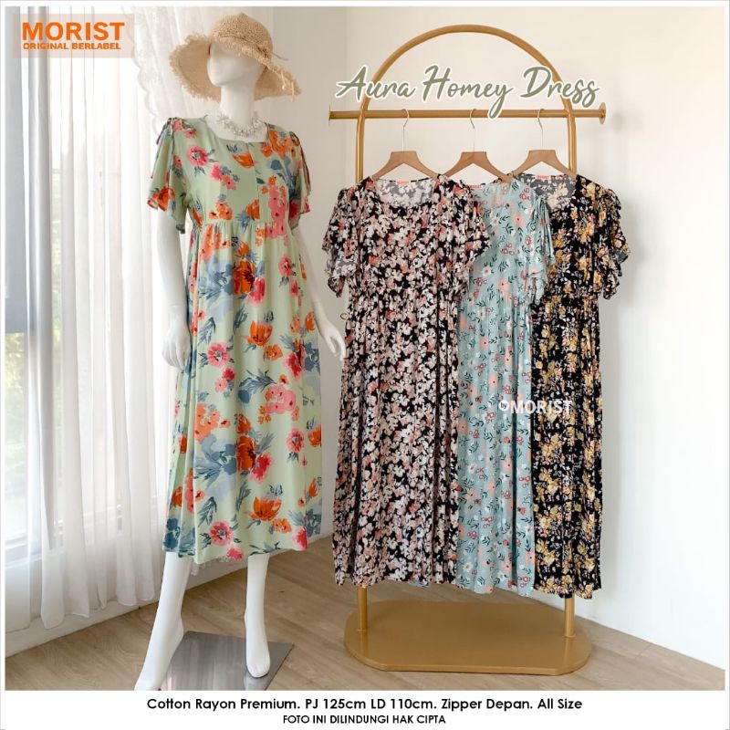 Daster panjang katun rayon premium busui lengan terompet MORIST - Cessy Aura Home Dress MORIST