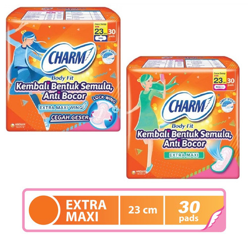 Charm Pembalut Wanita Sayap dan Non Sayap Body Fit Maxi Extra Ukuran 23 Cm isi 30