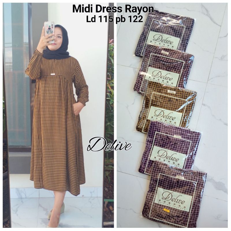 Midi Dress Rayon //Gamis Kerah Rayon//Midi Dress motif kotak//Gamis kerah motif