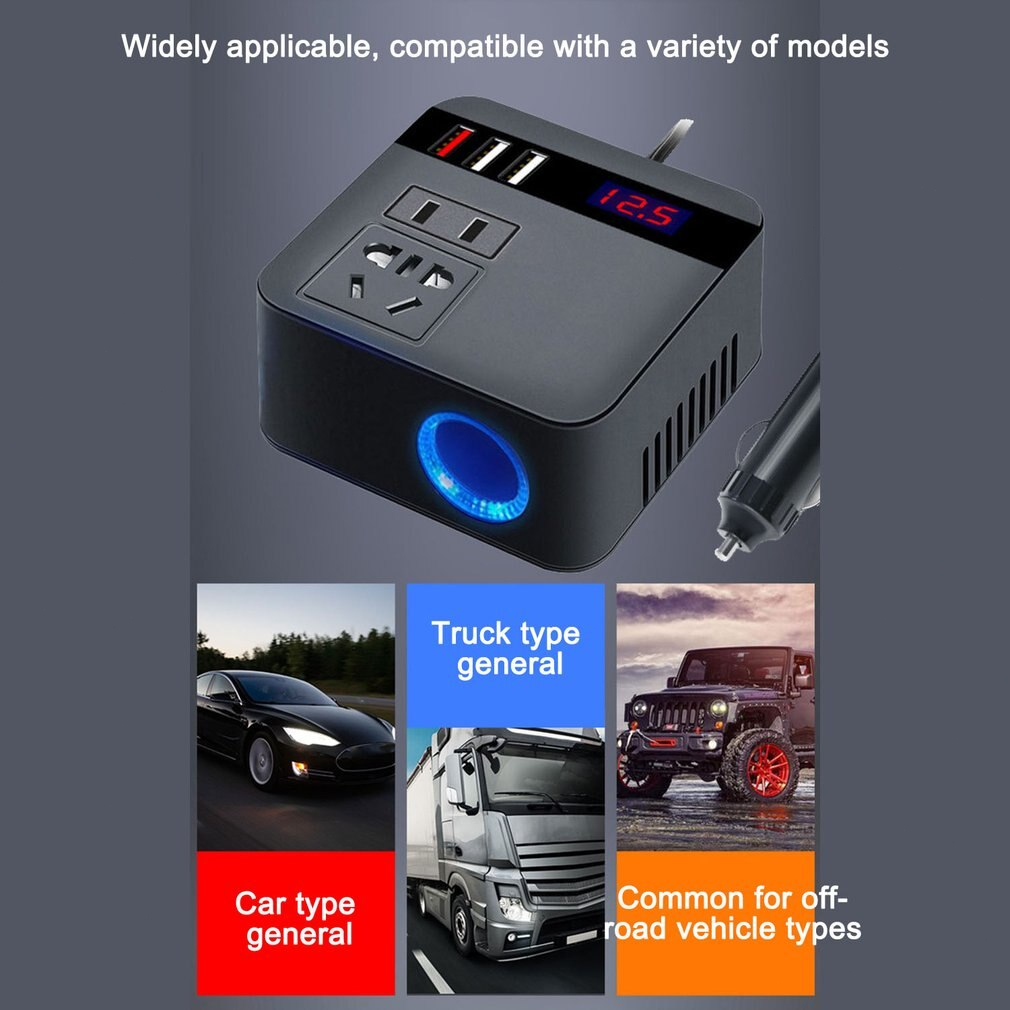 (Dikirim Dari Jakarta) Car Power Inverter 12V/24V ke 110V/220V 150W - 3 USB Port -Soket Konverter Daya Mobil Multifungsi Pengisi Daya Cepat USB Inverter mobil