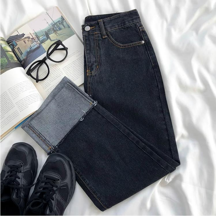 celana jeans hitam wanita/retro highwaist loose jeans kekinian korea style straight jeans