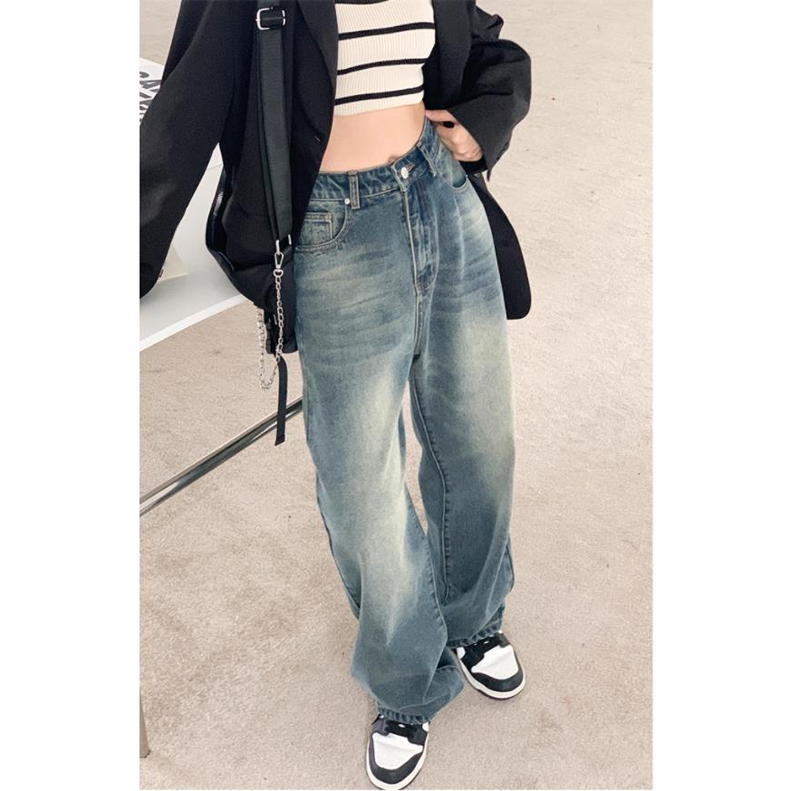 celana jeans wanita/retro highwaist loose import boyfriend jeans korean style causual straight celana panjang