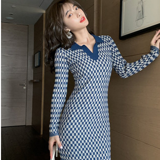 【Elegant】V-Neck Long Sleeve Geometric Patterns Knee-Length Elegant Knitted Dress 2148