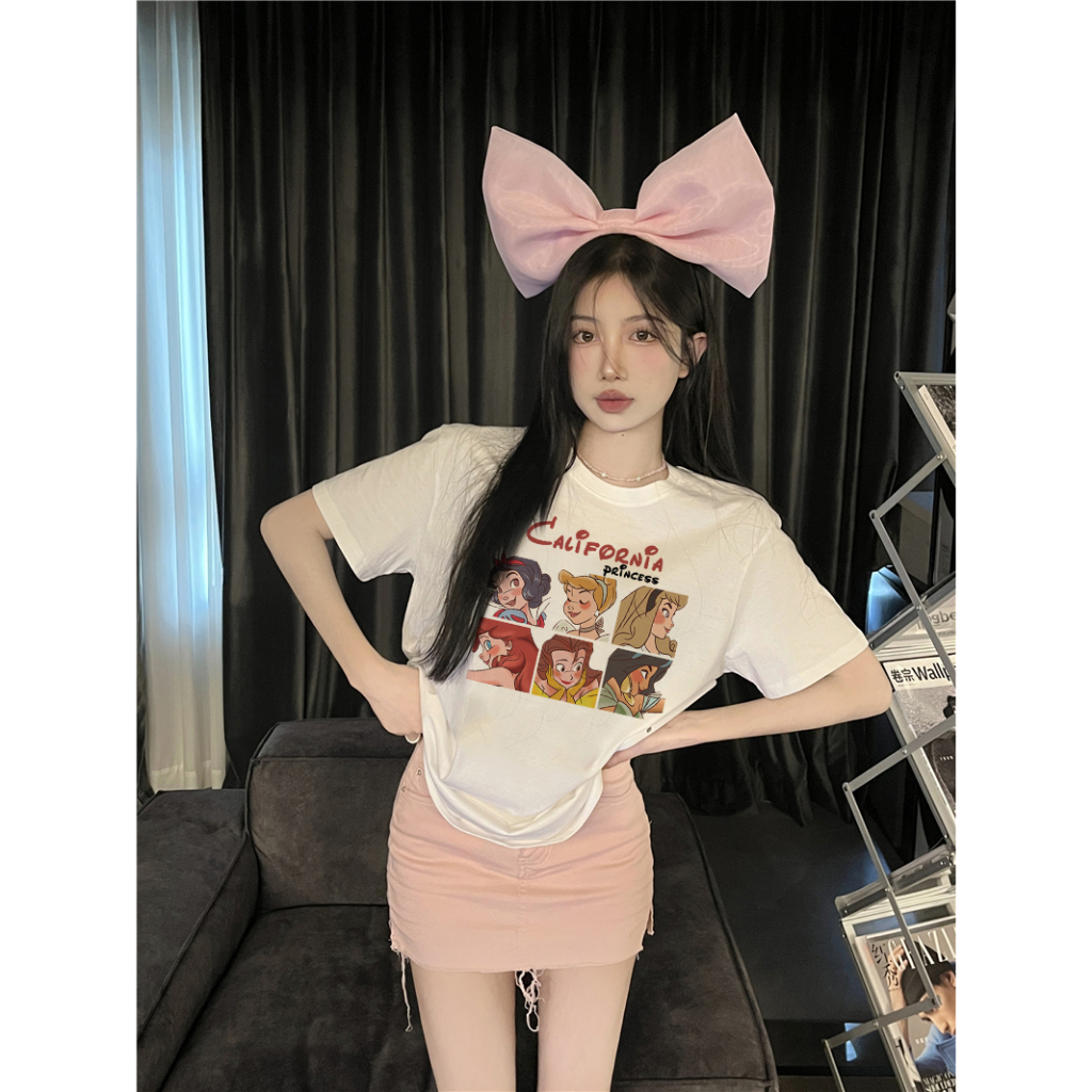 EUNII T-shirt Lengan Pendek Cartoon Disney Princess Printing Korean Style/Kaos Atasan Wanita/Baju Kaus Oversize Wanita/Kaos Wanita