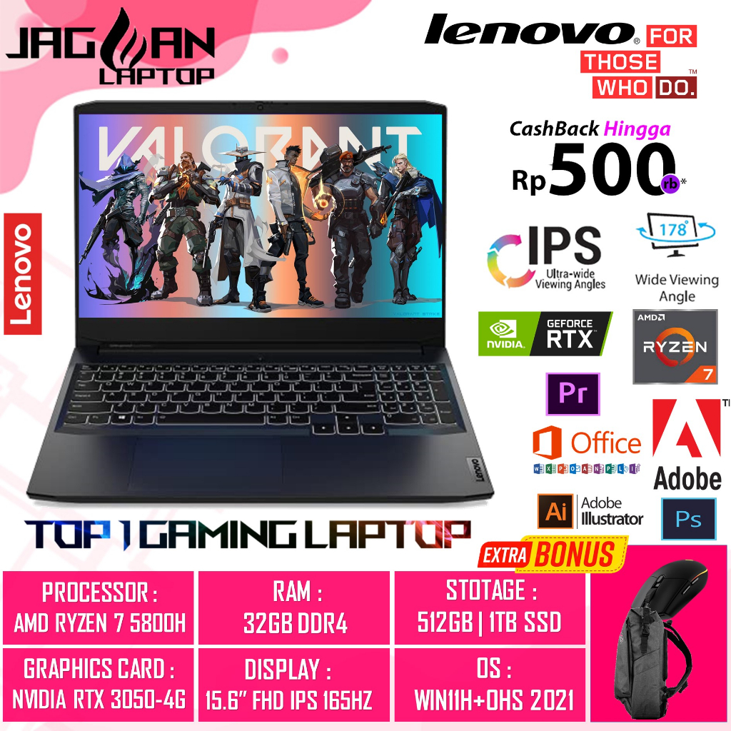 LAPTOP GAMING LENOVO IDEAPAD GAMING 3 15 AMD RYZEN 7 5800H 32GB 1TB RTX3050-4GB 15.6&quot; FHD IPS 165HZ 100SRGB 4ZRGB WIN11HOME + OHS