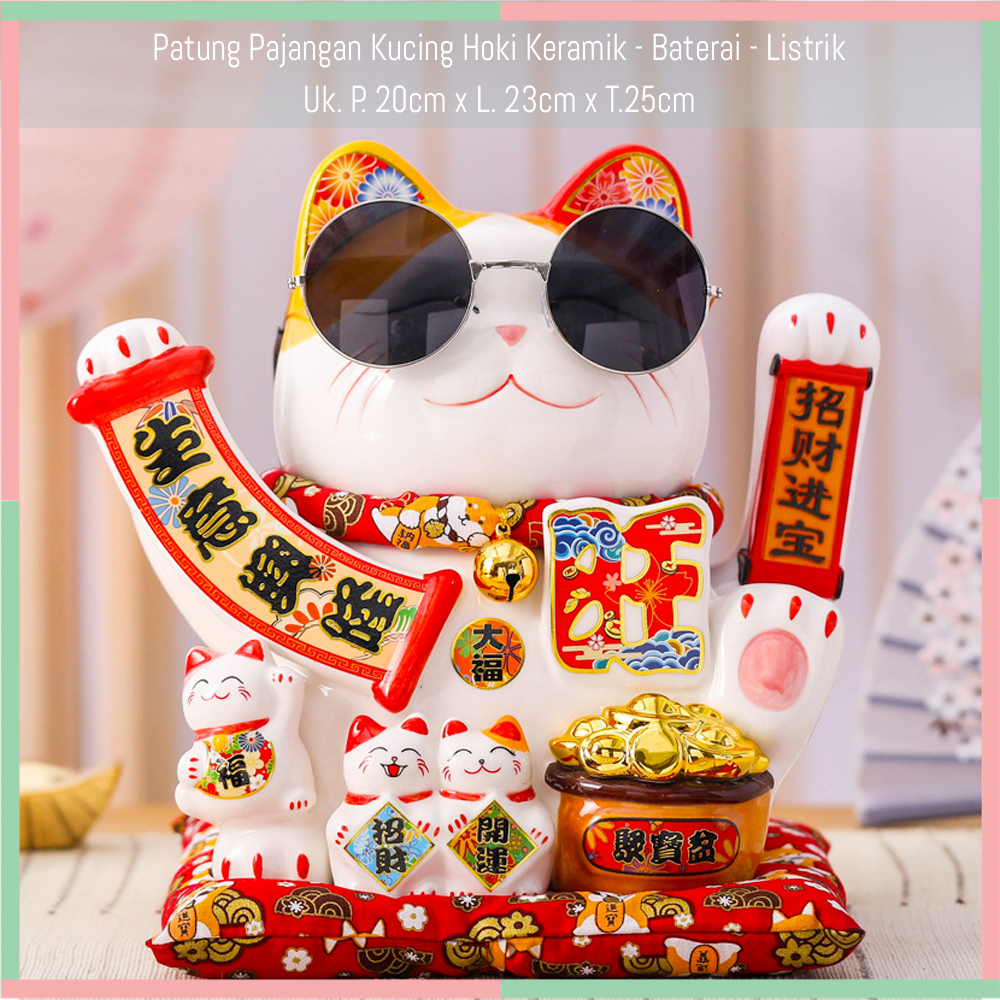 Pajangan Patung Hiasan Boneka Dekorasi Kucing Bawa Panggil Rejeki Rezeki Hoki Maneki Neko Maneko Neki ManekiNeko Lucky Cat Keberuntungan Keramik Baterai Batrai Batre Listrik Tangan Goyang Gerak Meja Etalase Toko Resto Cafe Cina China Jepang Merah Besar XL