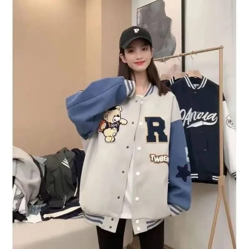 VARSITY JACKET OVERSIZE - KOREAN STYLE JAKET WANITA R TW BEAR BASEBALL