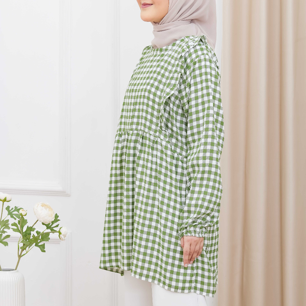 RUNA - Nursingwear Tunik Rayon Ruffle Menyusui Atasan Baju Bukaan Kanan Kiri Belahan Busui Bumil Busuifriendly Motif Shabby Bunga Hidden Access Tartan Eriel Label Eriellabel Breastfeeding