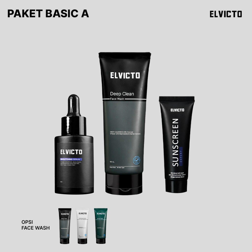 ELVICTO PAKET BASIC A - PAKET SKINCARE PRIA UNTUK WAJAH BERMINYAK KUSAM DAN FLEK HITAM | SERUM + MOI