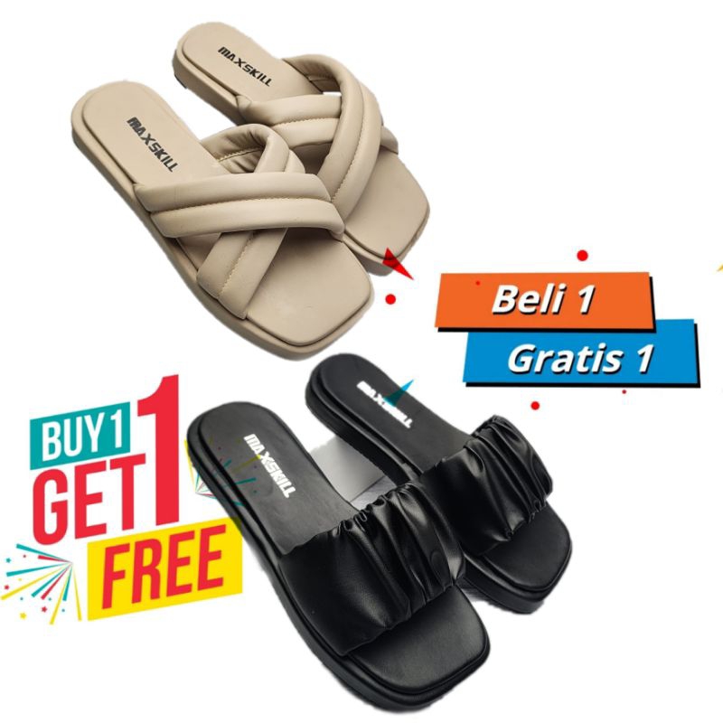 buy 1 get free 1 ( beli 1 gratis 1 ) sandal wanita slop silang maxskill desain simpel style Korea