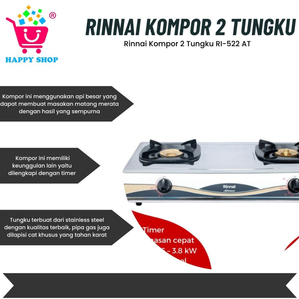 Rinnai Kompor 2 Tungku RI-522 AT / Kompor gas Rinnai RI 522 AT