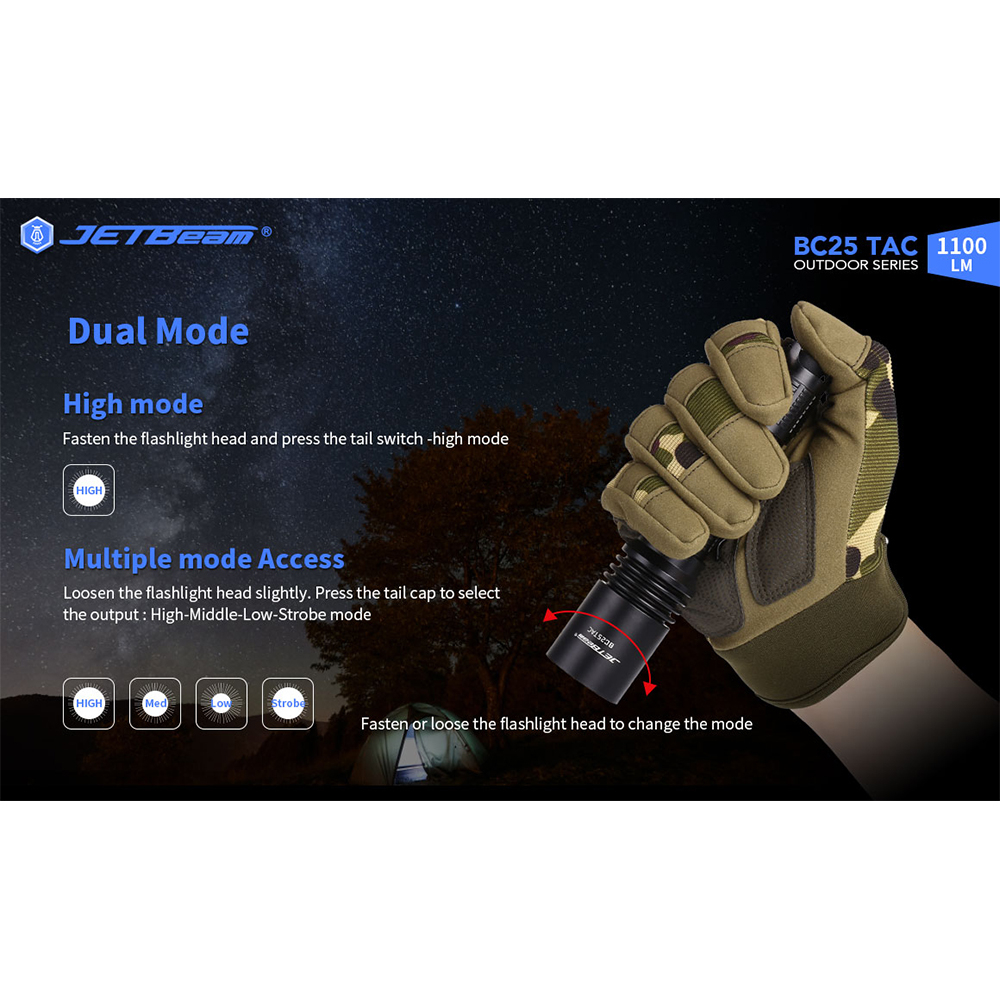 JETBeam Senter LED CREE XP-L HI Outdoor Flashlight Rechargeable 1100lm - BC25 TAC - Black