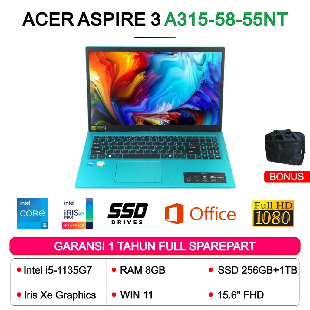 ACER ASPIRE 3 A315-58-55NT CORE i5 1135G7 RAM 8GB 256GB SSD+HDD 1TB IRIS XE FHD