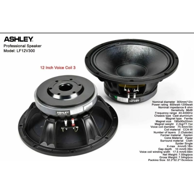 Speaker Komponen 12 inch Ashley LF12V300 Voice Coil 3 inc low Mid LF 12V300 Original