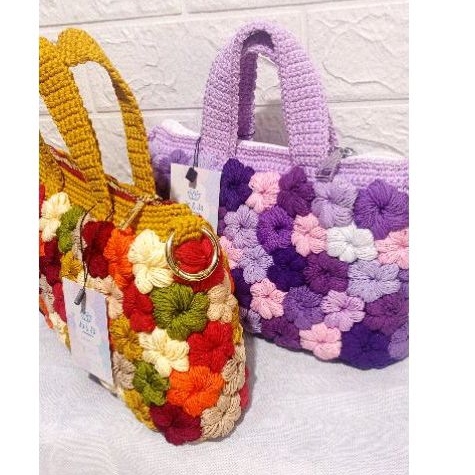 tas rajut  full bunga puff cantik handmade