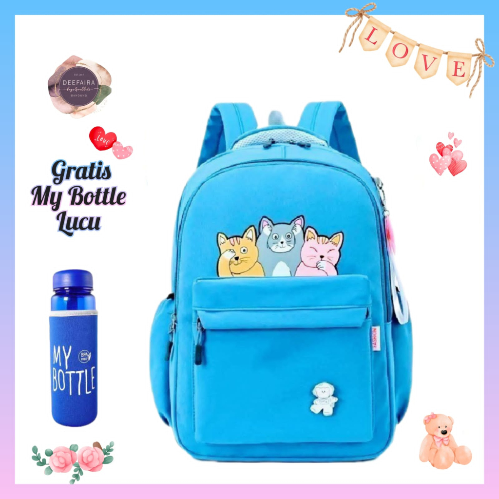 Tas Ransel Sekolah Anak Perempuan Untuk Sd &amp; Smp Model 3 Little Cat Free Botol Minum Lucu