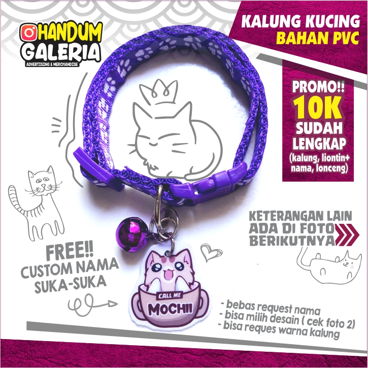 KALUNG KUCING BAHAN PVC CUSTOM DENGAN DESAIN EKSLUSIF DAN HASIL CETAK PREMIUM FREE UKIR NAMA CUSTOM 2 SISI LIONTIN BANDUL GANTUNGAN AKSESORIS ANTI KUTUTEMPAT MAKAN MINUM MAINAN BERKUALITAS LONCENG KITTEN TEMPAT TIDUR GROOMING PAKAN  COLLAR CAT PET