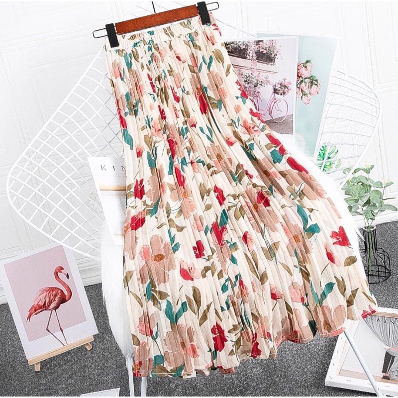 Rok plisket floral import/import bangkok/rok import/maxi skirt motif bunga/rok import motif