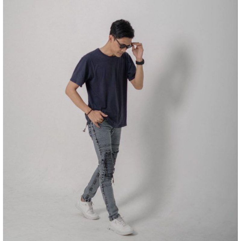 Celana Jeans Biker Riders Pria Skinny Jeans Panjang Polos Sobek Popol