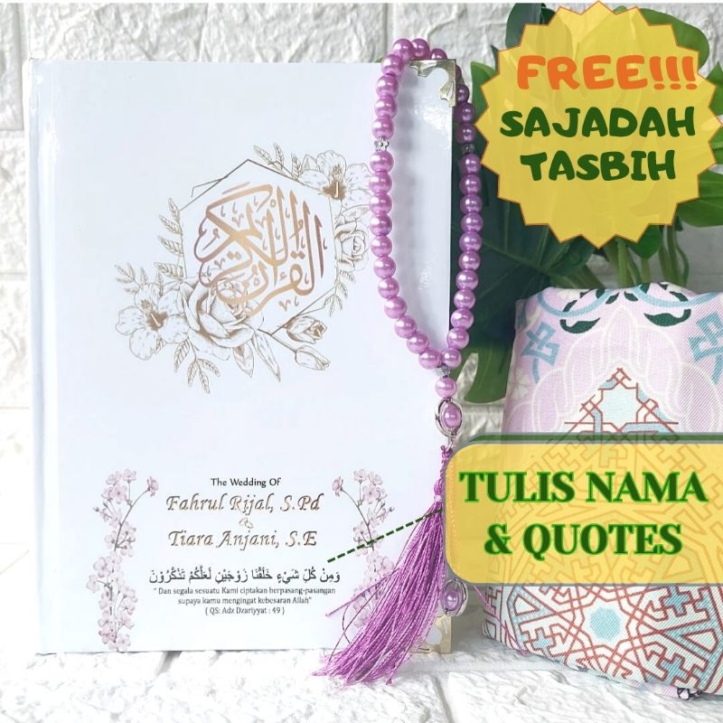 paket sajadah tasbih dan alquran custom nama request nama di cover bisa untuk seserahan kado dan mah