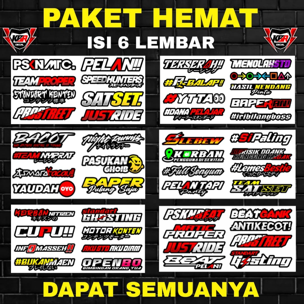 Sticker Racing Pack Print Cut Paket Hemat isi 6 Lembar Stiker Motor