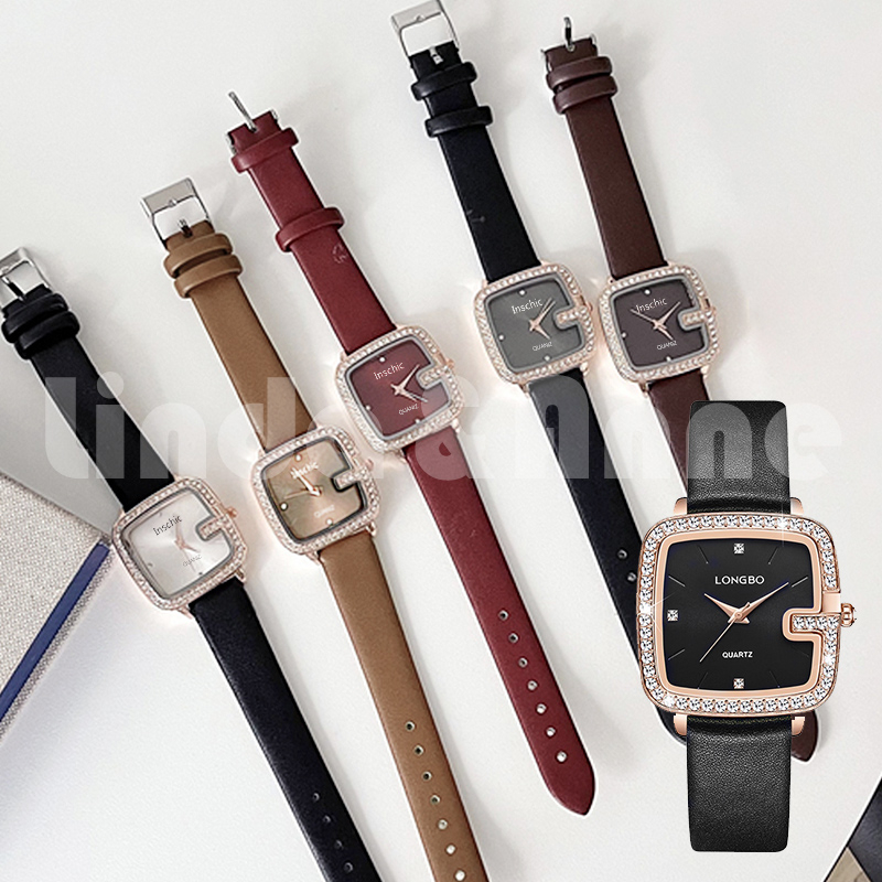 Jam Tangan Analog Dial Kotak Strap Pu Leather Aksen Berlian Imitasi Design Mewah Untuk Wanita