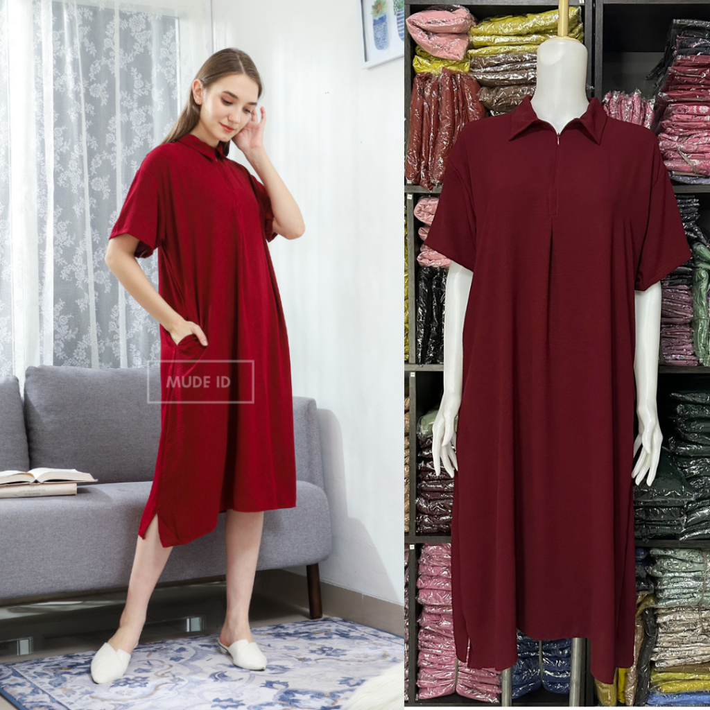 Dress Shirt Casual Kerah Sleting Korean Style / Homedress crinkle daster kerah polos kekinian