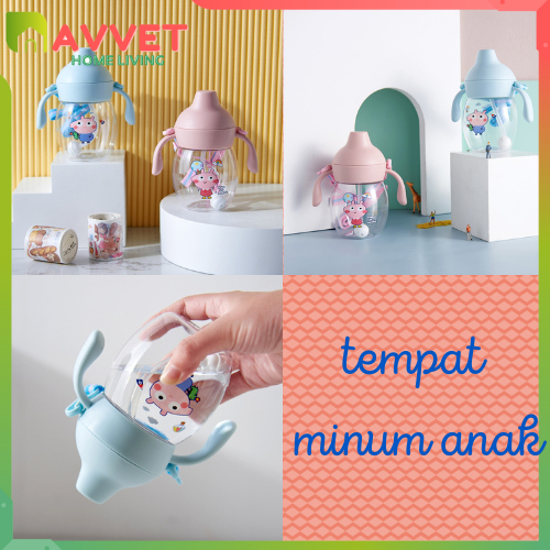 AVVET  TempaT Minum Lucu Anti Sedak karakter Gelas Anak Balita Training Cup Handle Botol Minum Anak Anti Tumpah Motif Piggy Botol Minum Bayi 280ml BPA FREE