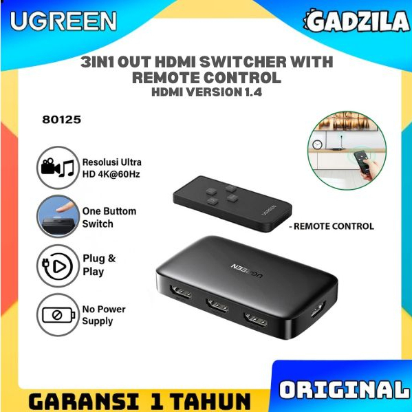 UGREEN 2 in-1out Bi Directional HDMI 4K/3D Adapter Splitter Switcher Konektor With Remote Monitor PS4 Laptop Ke Tv