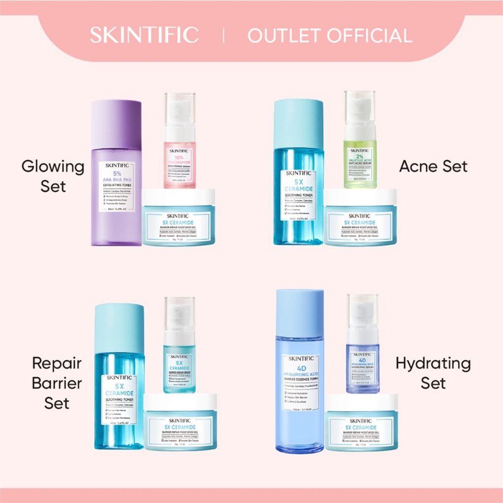 [Ready Stock] SKINTIFIC 3PCS Paket Skincare with toner -  4D Hyaluronic Acid Barrier Essence Toner &amp; 5X Ceramide Barrier improve Moisturize Gel &amp; 10% Niacinamide Brightening Serum 20Ml &amp; 5% Aha Bha Pha Exfoliating Toner &amp; 5X Ceramide Soothing Toner 80ml