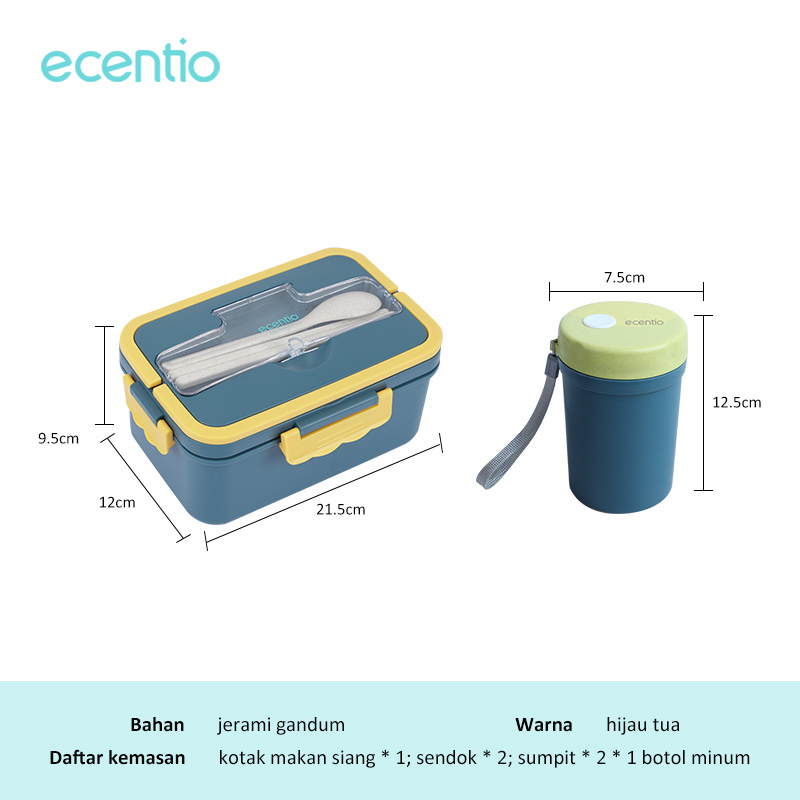 ecentio 1500 ml  Kotak Makan Portable lunch box 3 Sekat kotak bekal   Gratis Sendok Sumpit  BPA Free