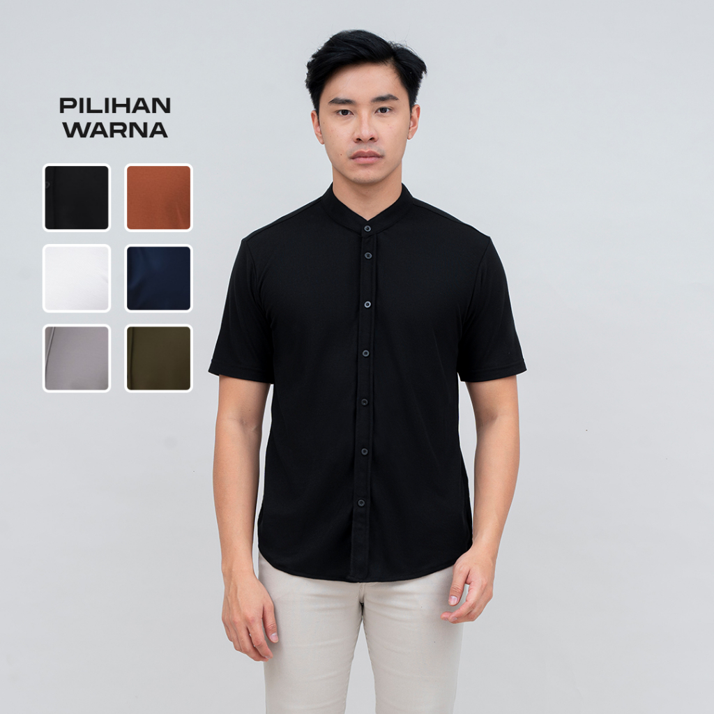 BROGUY Kemeja Pria Lengan Pendek Kerah Sanghai Casual Polos Slimfit Size M - XXL