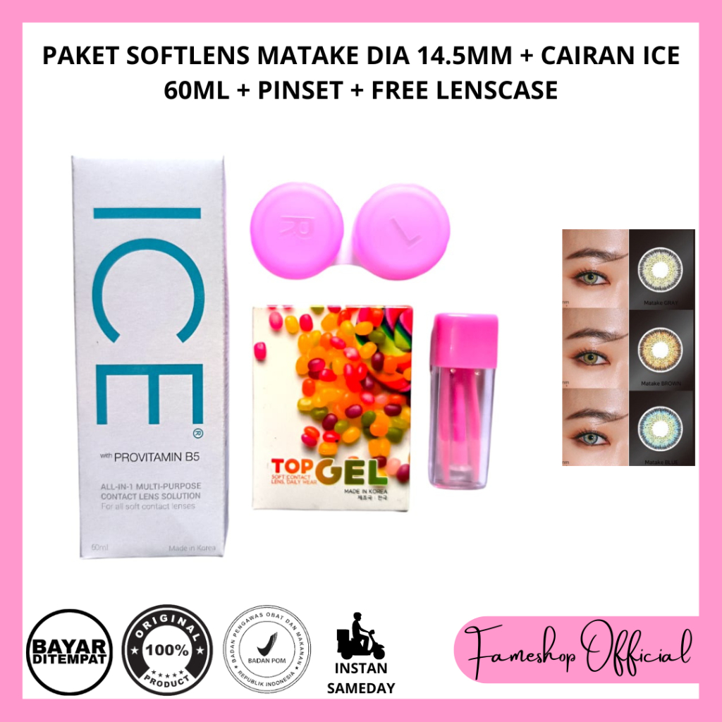 PAKET SOFTLENS TOP GEL MATAKE 14.5MM + CAIRAN ICE 60ML + PINSET + FREE LENCASE