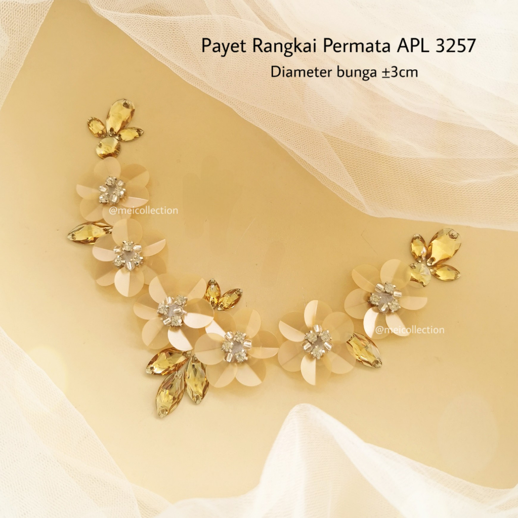 payet rangkai bunga mutiara leher permata 3d APL 3257 gold camel doff