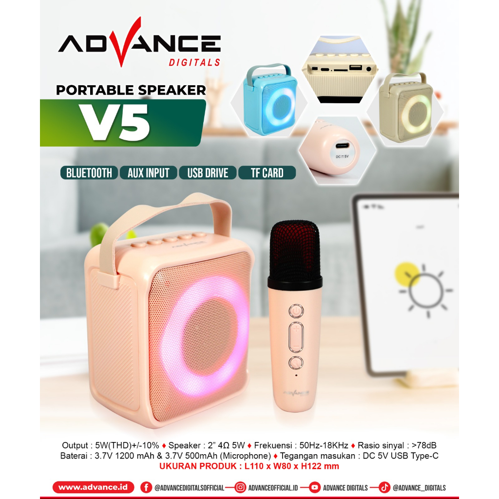 ADVANCE Karaoke Speaker Bluetooth Portable HiFi Stereo dapat Wireless Mic V5