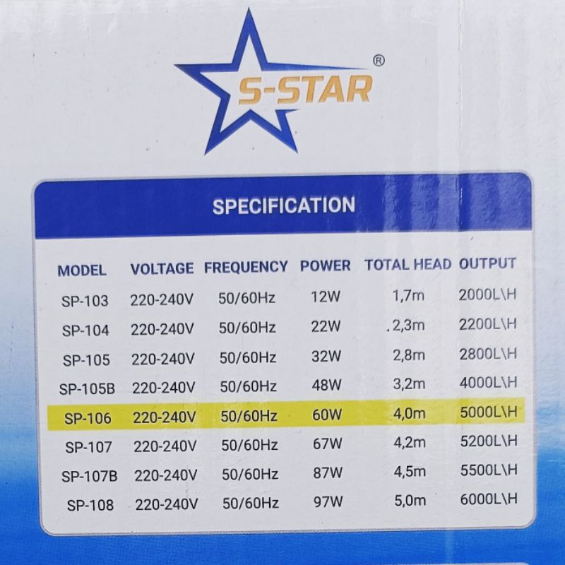 S-STAR SP 106 SEA STAR 5000 LPH liter per jam mesin pompa celup kolam aquarium ph submersible waterpump akuarium water pump filter celup