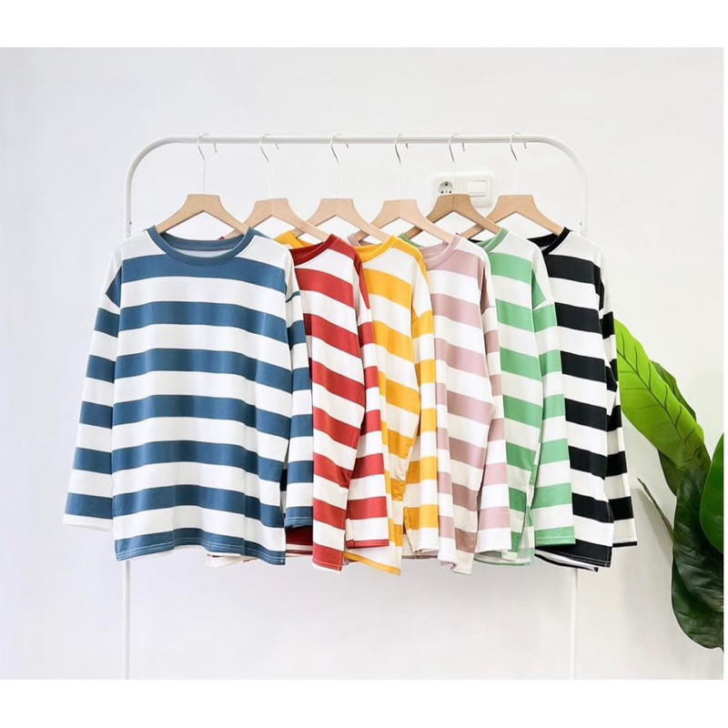 9451 atasan wanita kaos import salur tangan panjang atasan wanita oversize(2)