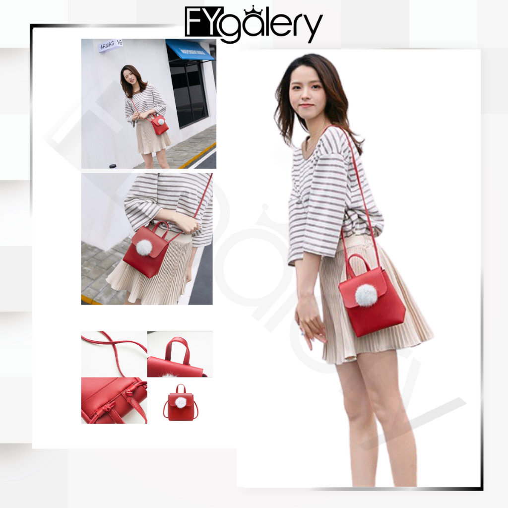 FYGALERY FYG1319 Sling Bag Wanita Pompom Tas Selempang Perempuan Polos Murah