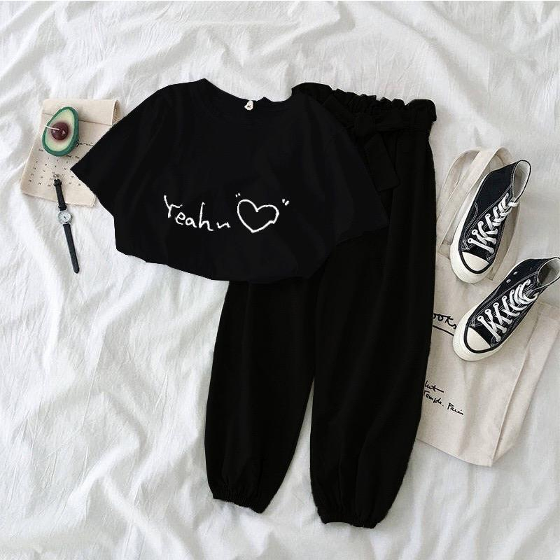 [littlecrab] Kaos Oversize Korea Yeah Love Kualitas Premium T-shirt Unisex Letter Yeah Korean Style