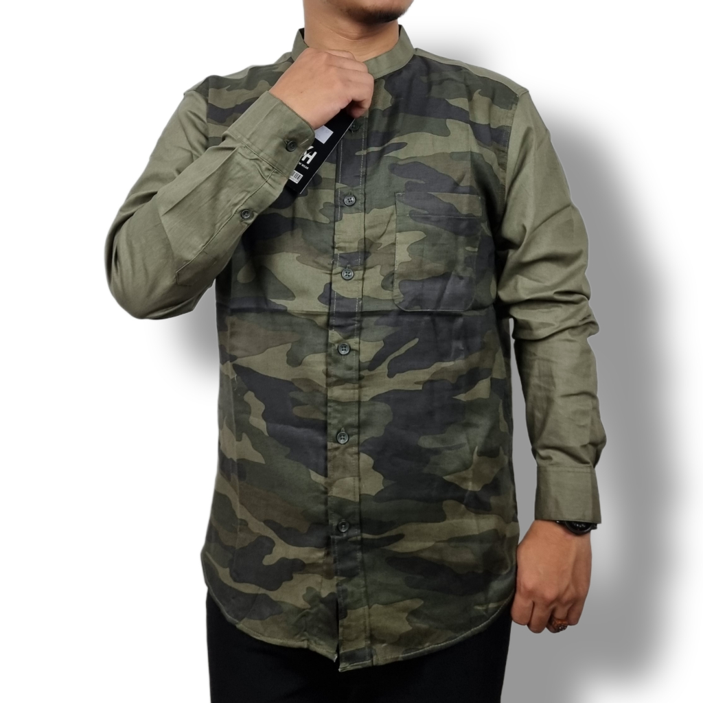 Kemko KH Kemeja Koko Pria Lengan Panjang Slimfit Hijau Army Slim Fit