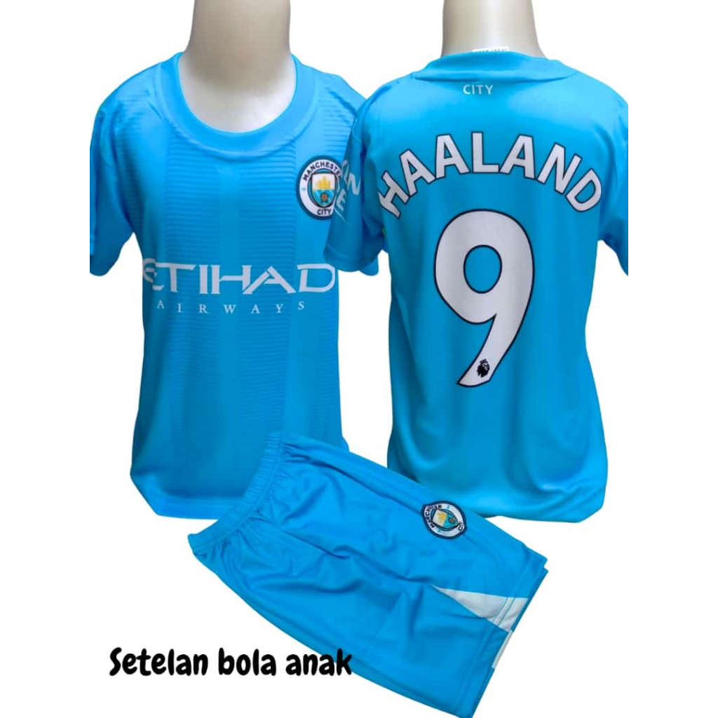 Kaos sepak bola anak jersey soccer baju dan celana setelan t-shirt outfit football seragam kostum olahraga pakaian apparel multi sports manchester city haaland biru