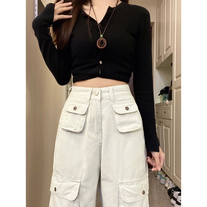 Cargo Jeans Wanita Highwaist Korea Style Putih