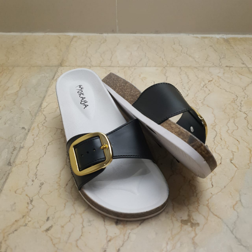 Sandal Slop Karet Birken Wanita Putih Kombinasi Ban 1 Gesper Kotak MKY J2213 36-41