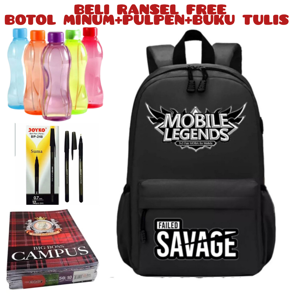 DT_123_Beli 1 Dapat 4 - Tas sekolah mobile legends anak laki-laki perempuan bacpack sekolah anak tk sd_Beli Ransel FreeBotol Minum+Pulpen+Buku Tulis